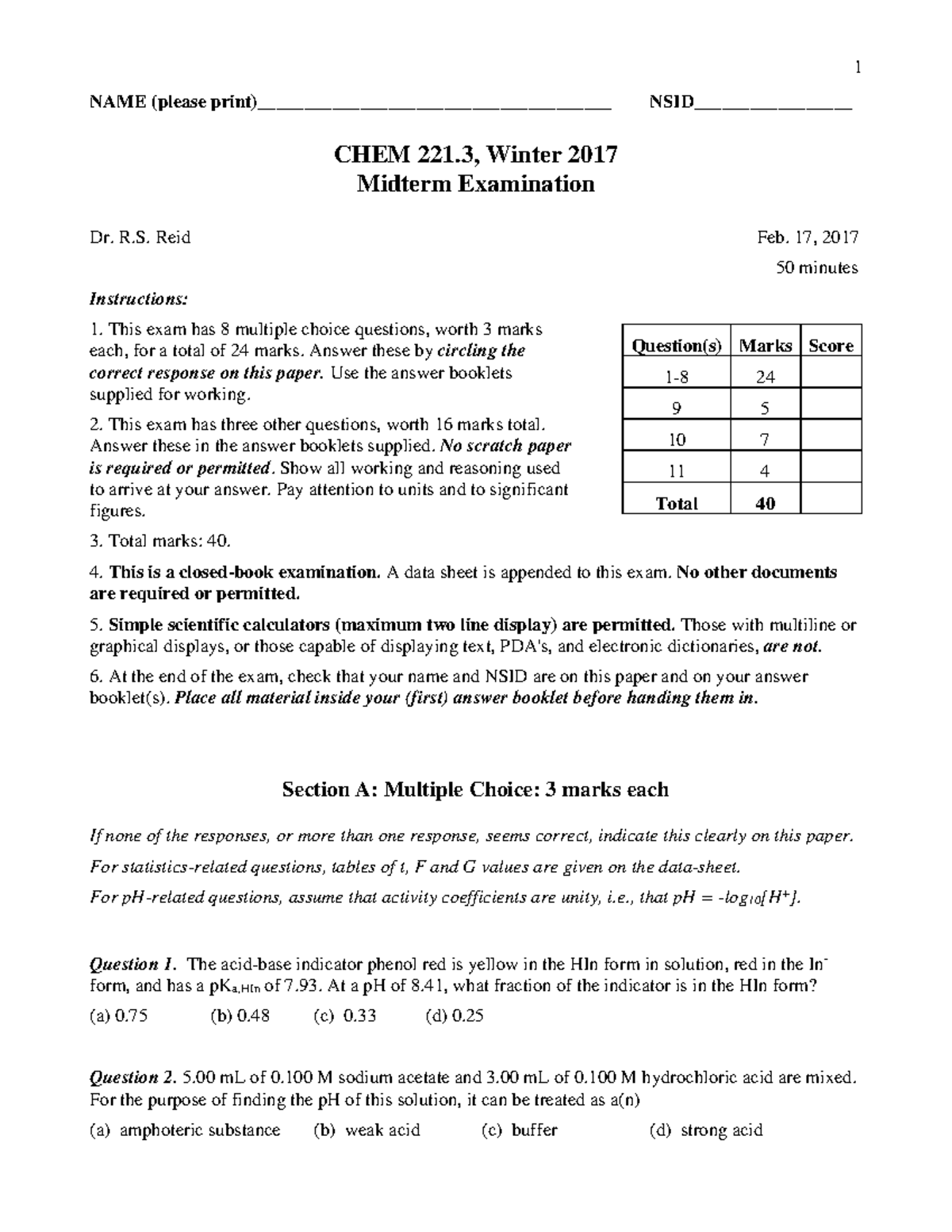 CHEM 221.3 Winter 2017 Midterm Exam Questions and Answers - Studocu