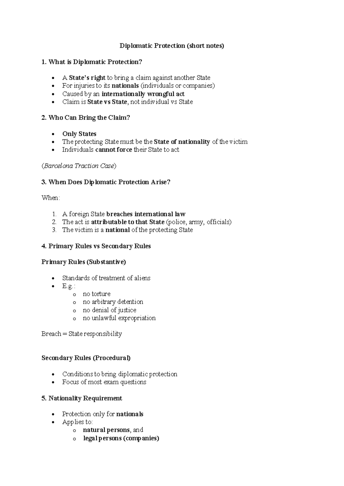 Diplomatic Protection: Key Concepts and Principles (Short Notes) - Studocu