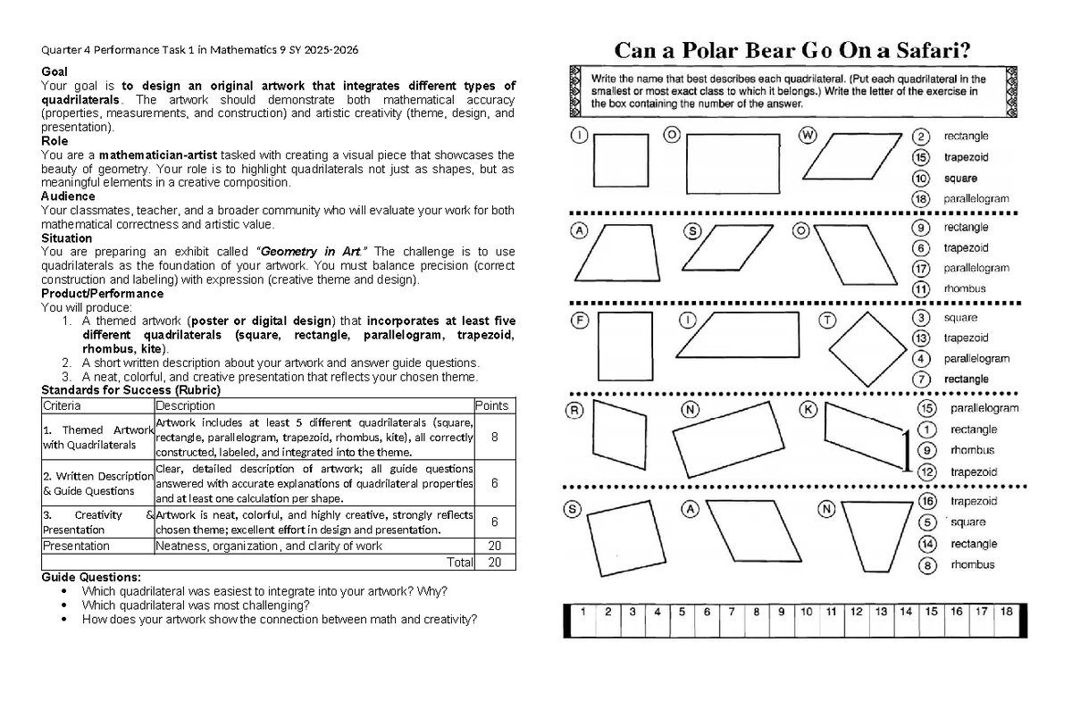 Q4 Performance Task 1: Creative Quadrilaterals in Math 9 - Studocu