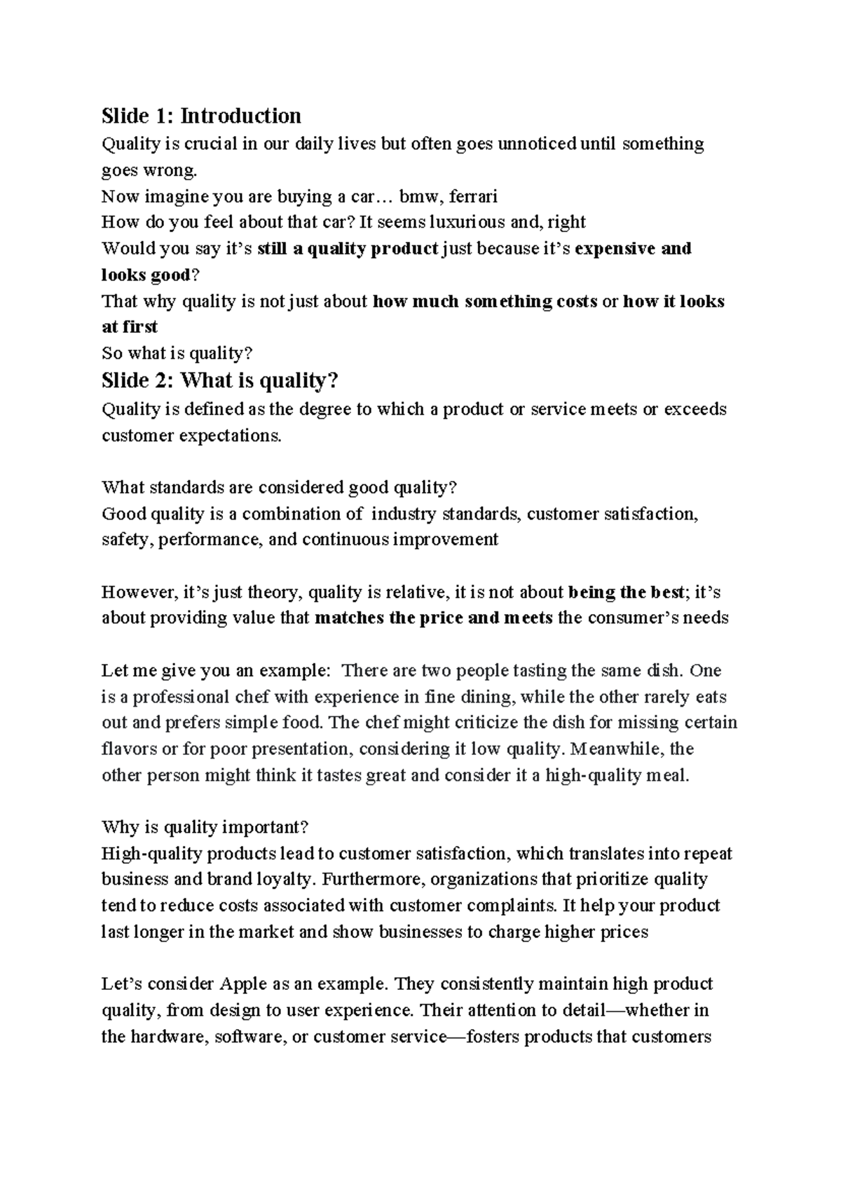 Q+QC - unit9 quality+quality control - Slide 1: Introduction Quality is ...