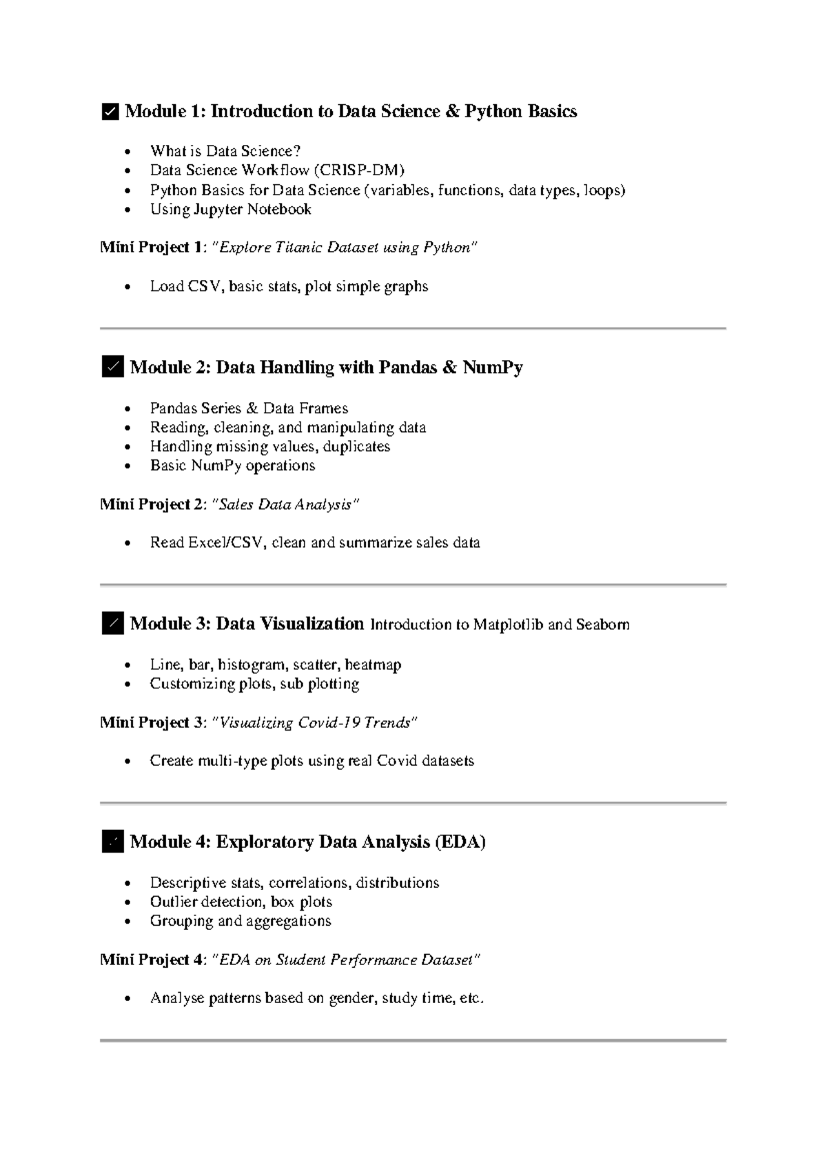Data Science Modules Overview: Python, Pandas, ML & Visualization - Studocu