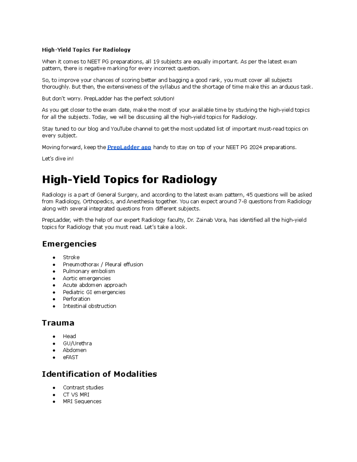 High-Yield Topics for NEET PG Radiology Prep: 2024 Guide - Studocu