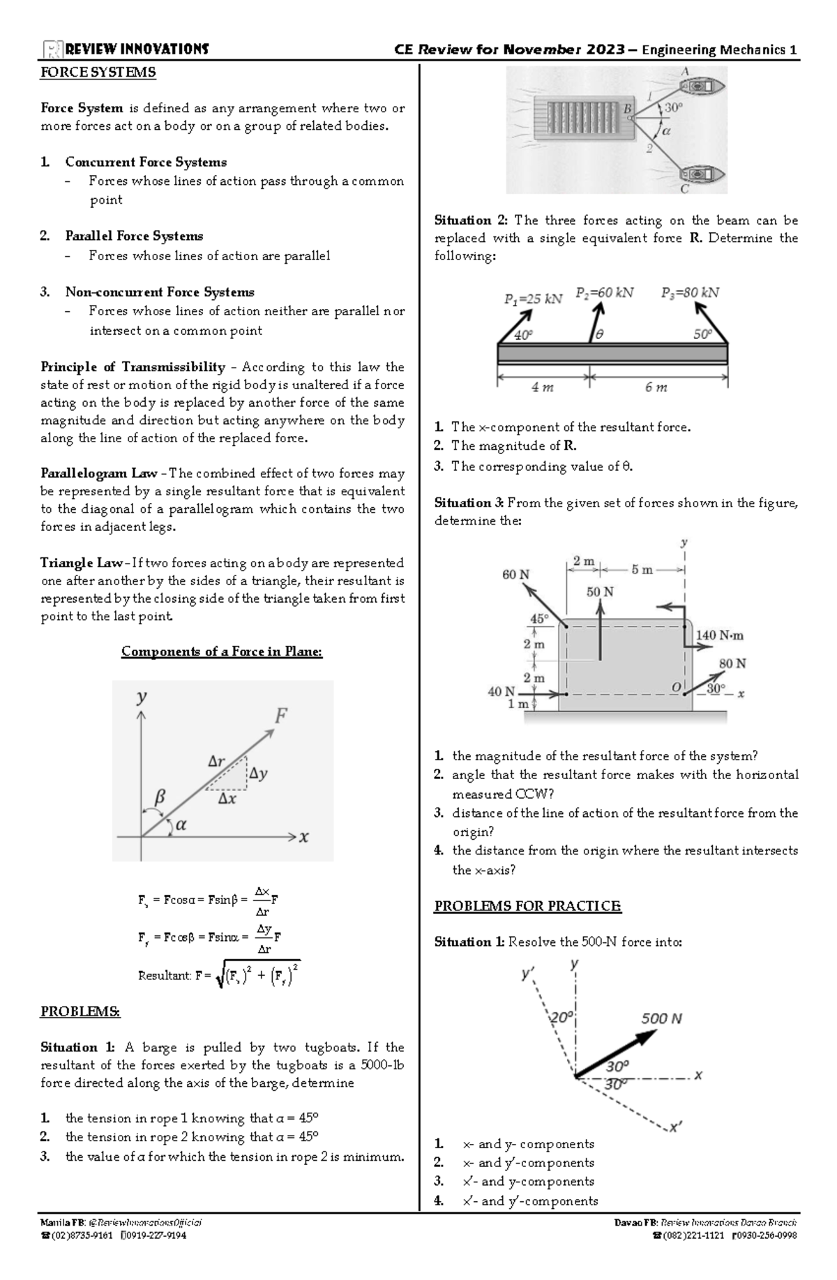 CE 020239 Engineering Mechanics 1 Review: Force Systems & Principles ...