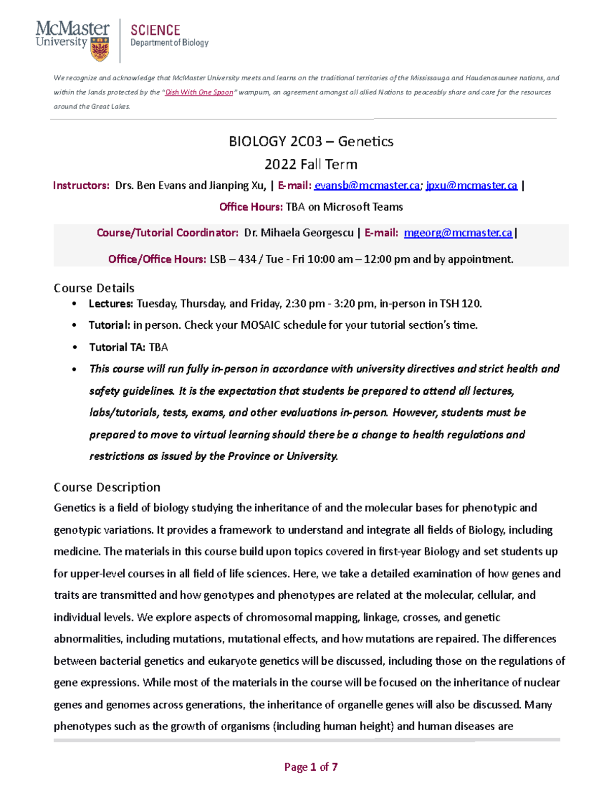 BIO 2C03 F2022 - yooo - We recognize and acknowledge that McMaster ...