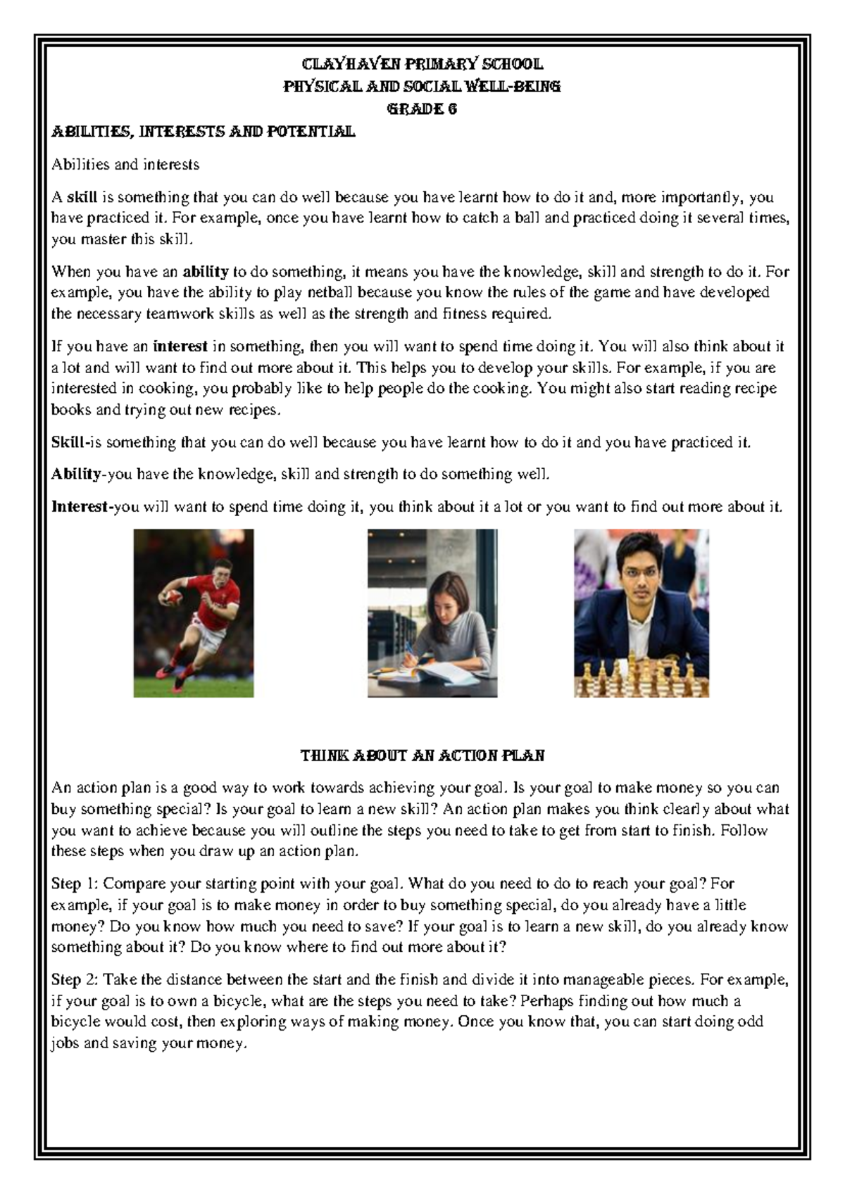 CLAYHAVEN PRIMARY SCHOOL GRADE 6 Abilities & Interests Worksheet - Studocu