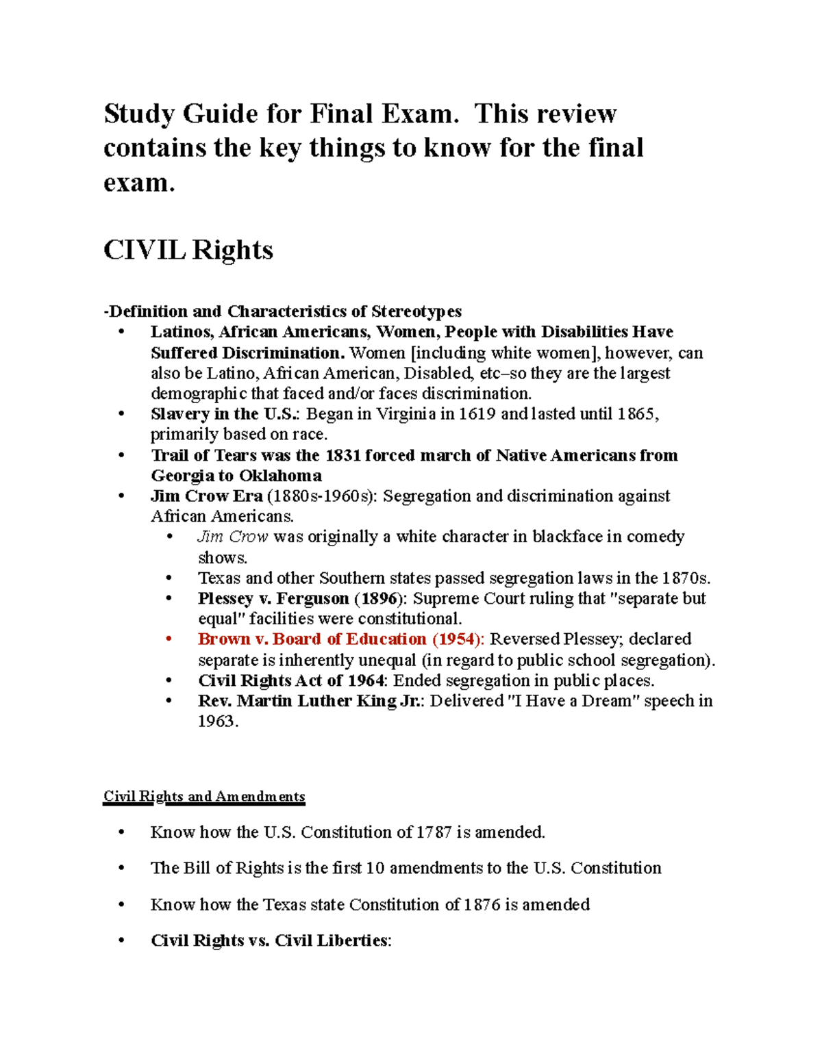CIVIL Rights Study Guide for Final Exam: Key Topics & Amendments ...