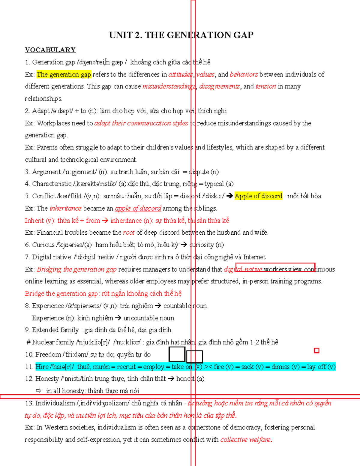 UNIT 2 - LỚP 11: THE GENERATION GAP VOCABULARY & GRAMMAR REVIEW - Studocu