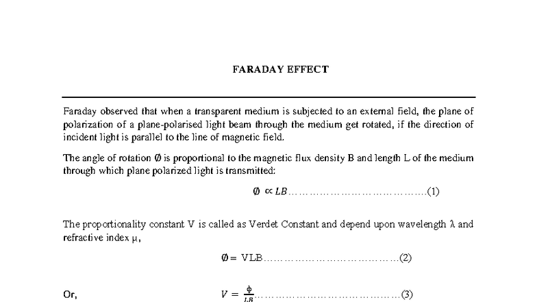 FARADAY EFFECT EXPERIMENT: DETERMINATION OF VERDET CONSTANT - Studocu