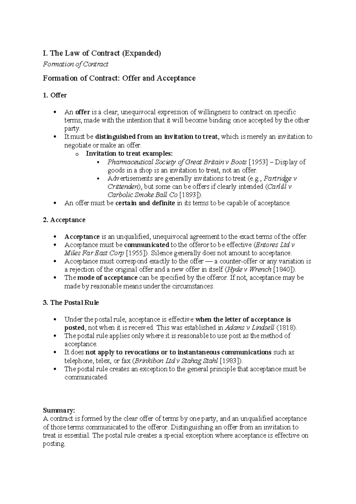 Contract Law Notes: Formation, Terms, and Remedies (LAW101) - Studocu