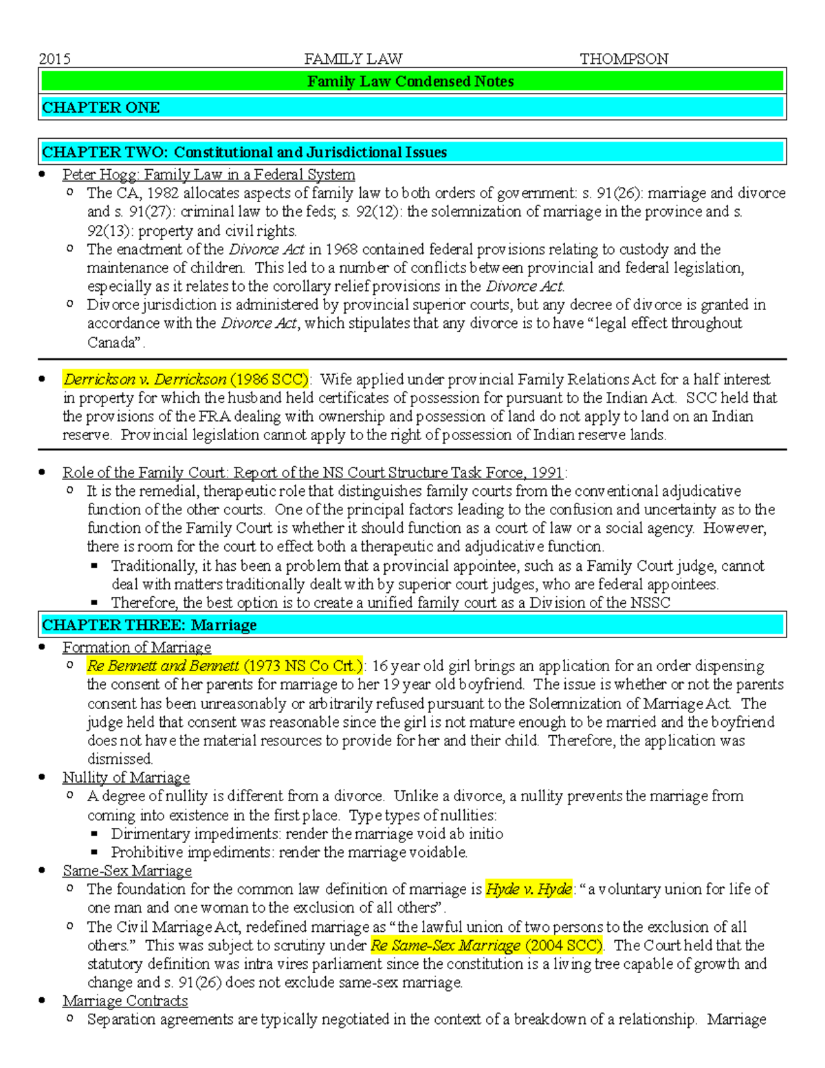 Family Law Notes - 2015 - Thompson: Key Concepts & Cases Insights - Studocu