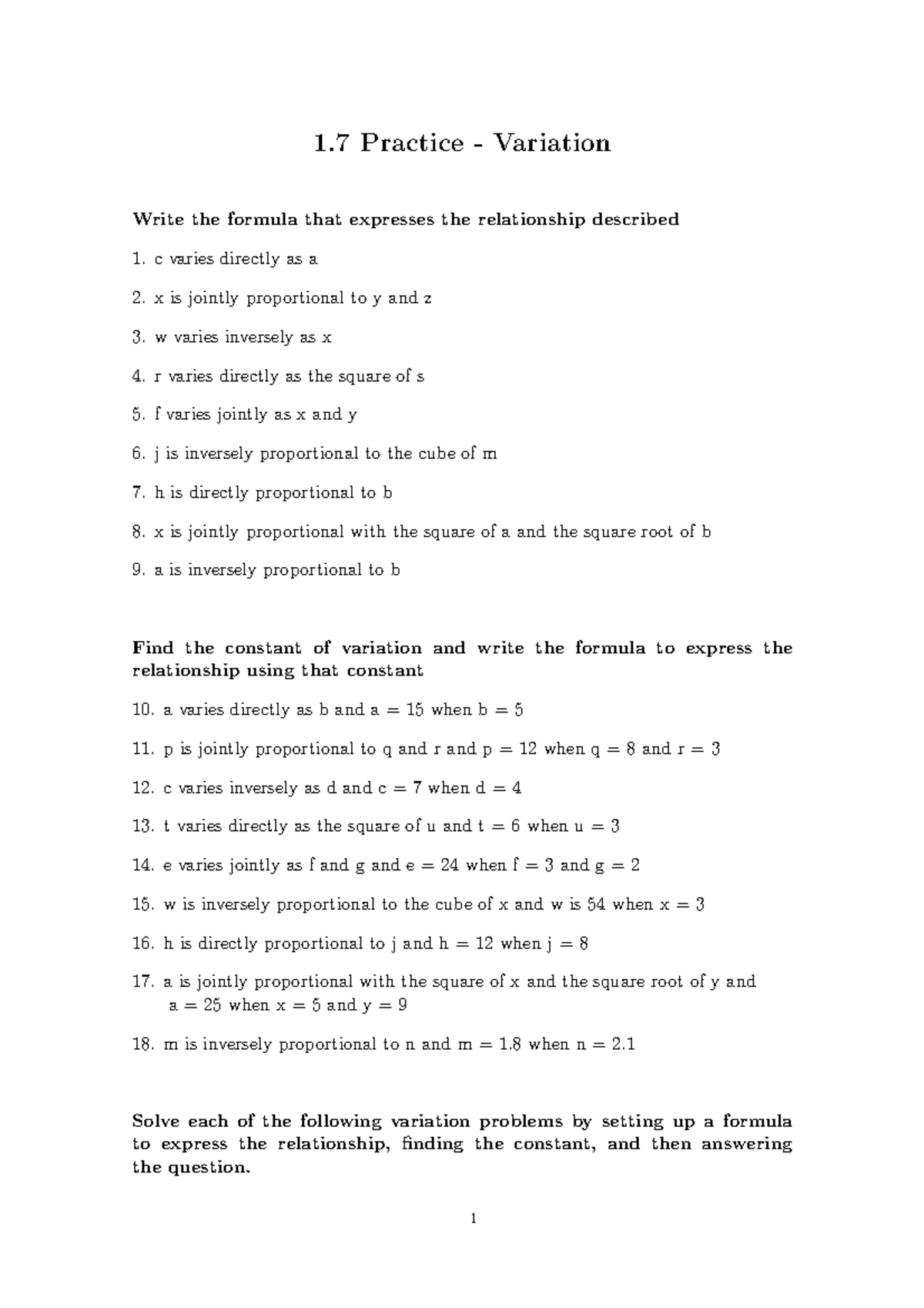 1.7 Variation Practice: Formulas and Problem Solutions - Studocu