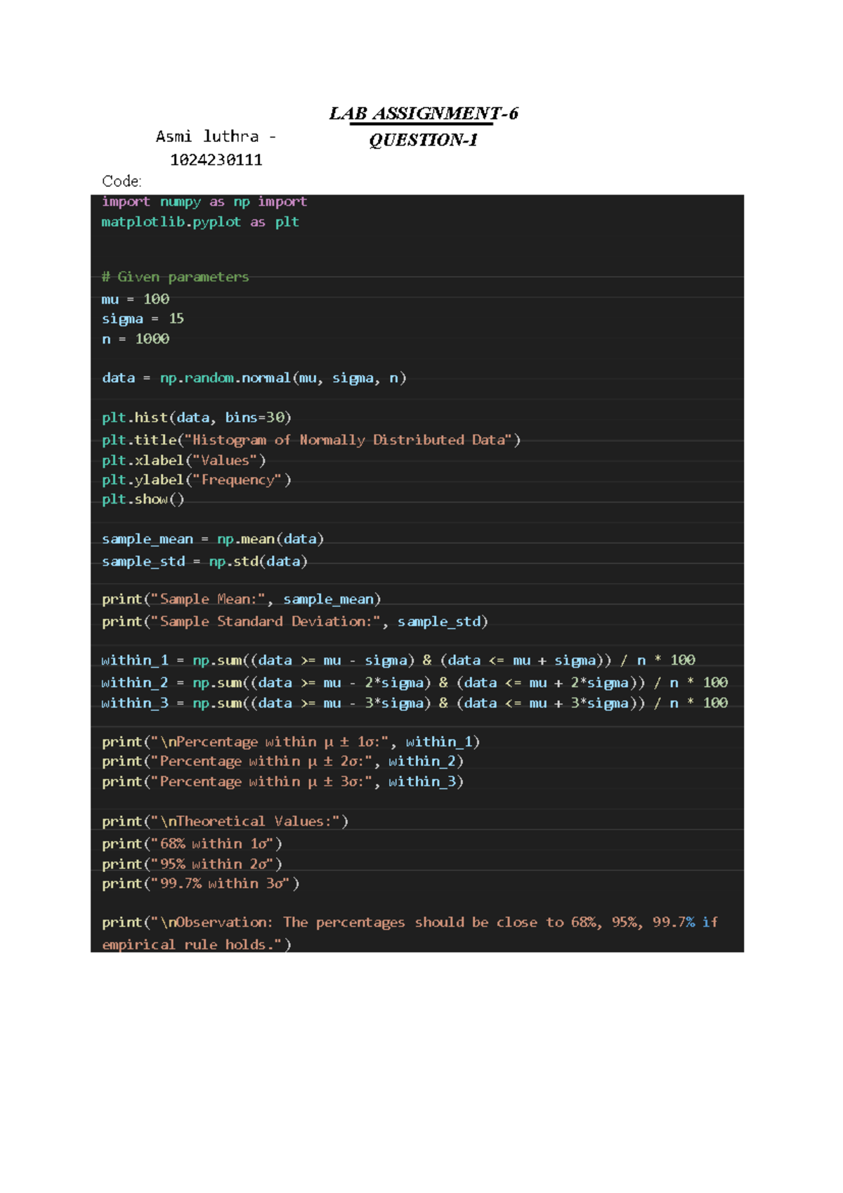 LAB: Normal Distribution Analysis - DS Lab 6 - Studocu