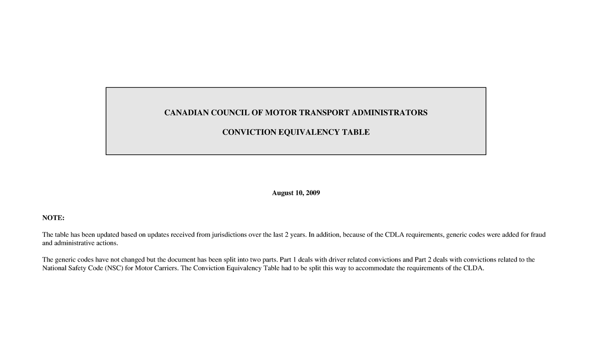 CCMTA Conviction Equivalency Table (Part 1 & 2) - Updated 2009 - Studocu