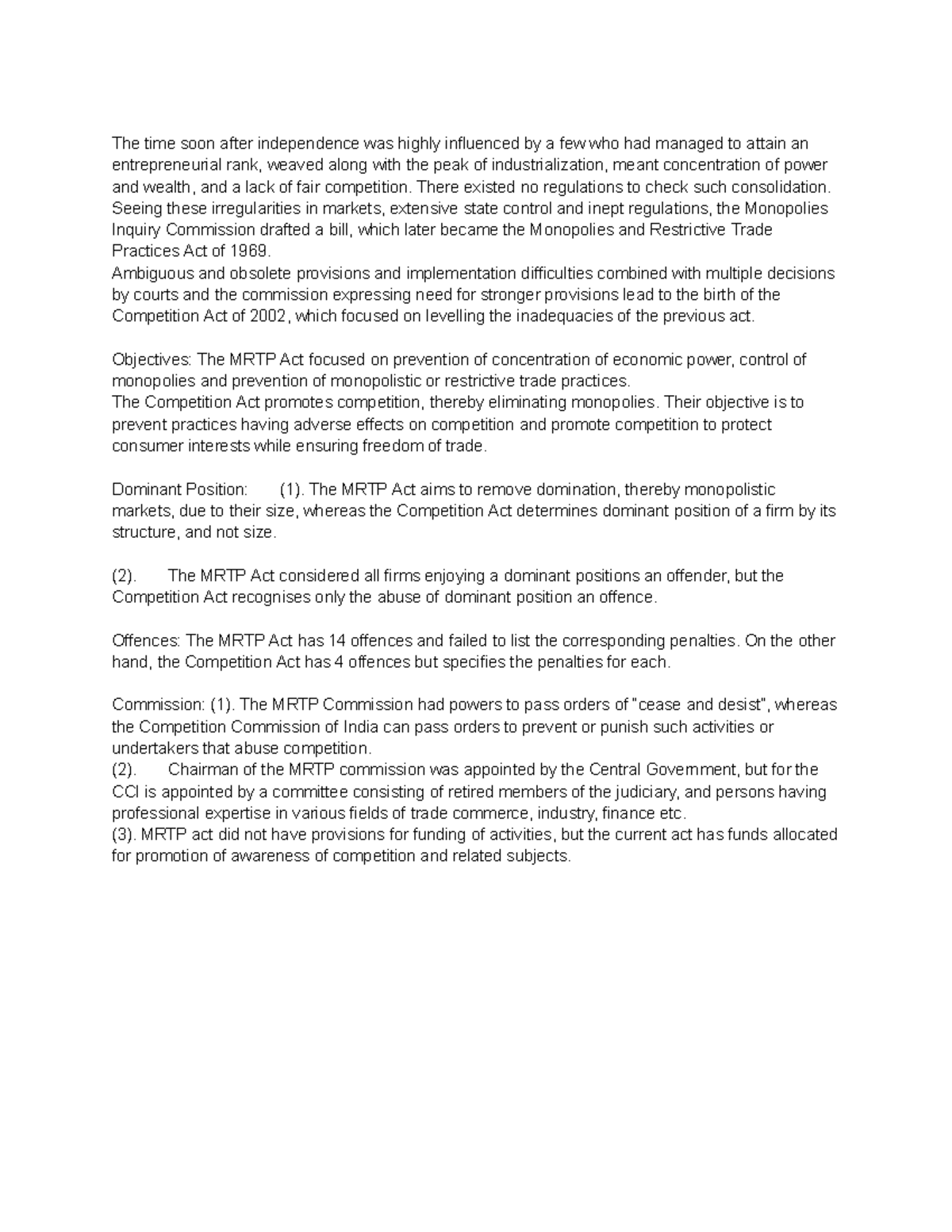 MRTP Act & Competition Act - Key Notes and Comparisons - Studocu