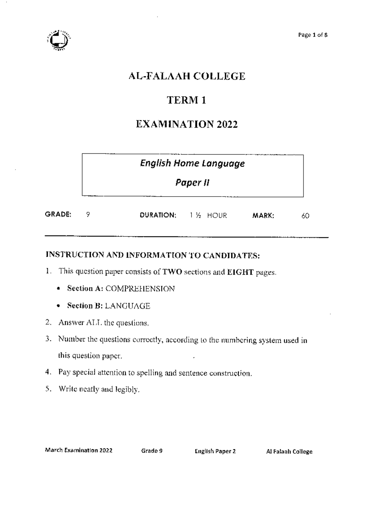 Grade 9 English Home Language Term 1 Exam Paper II - March 2022 - Studocu