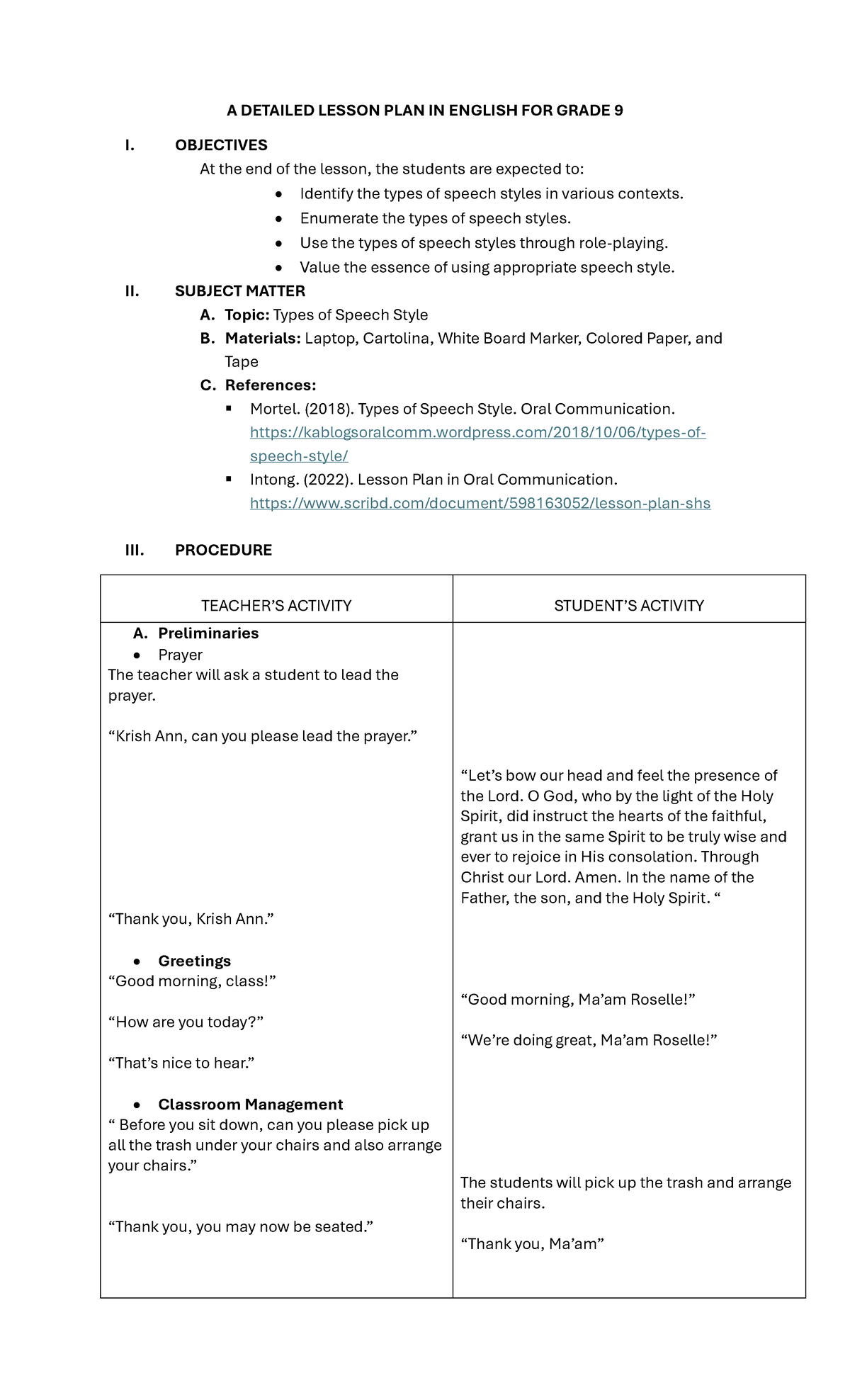 LP - Grade 9 English Lesson Plan on Types of Speech Styles - Studocu