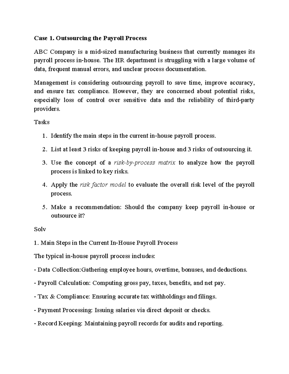 Case Study: Outsourcing Payroll Process Risks & Recommendations - Studocu
