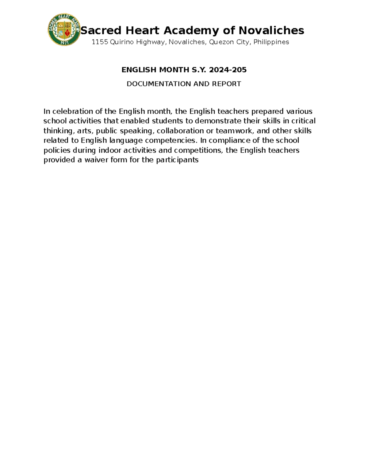 English Month - Sample learning and extracurricular activities for ...