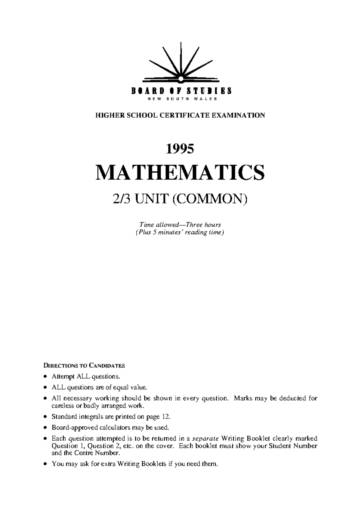 Maths 2U 1995 HSC - Comprehensive Past Paper with Solutions - Studocu