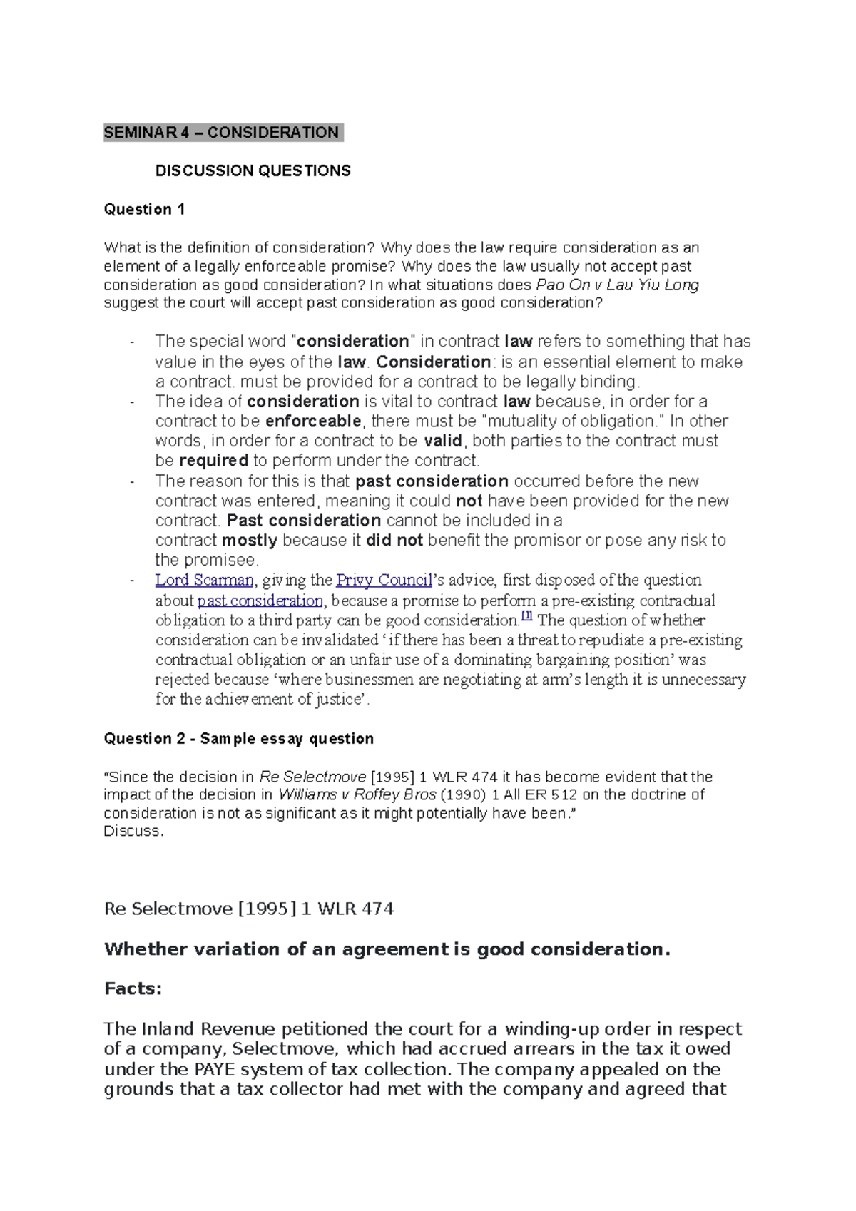 Seminar 4: In-Depth Analysis of Consideration in Contract Law - Studocu