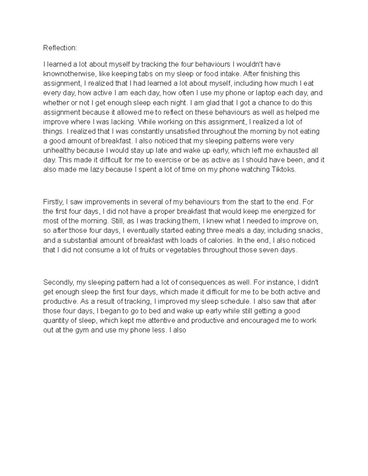 Self-Reflection on Health Behaviours: Personal Growth Insights - Studocu