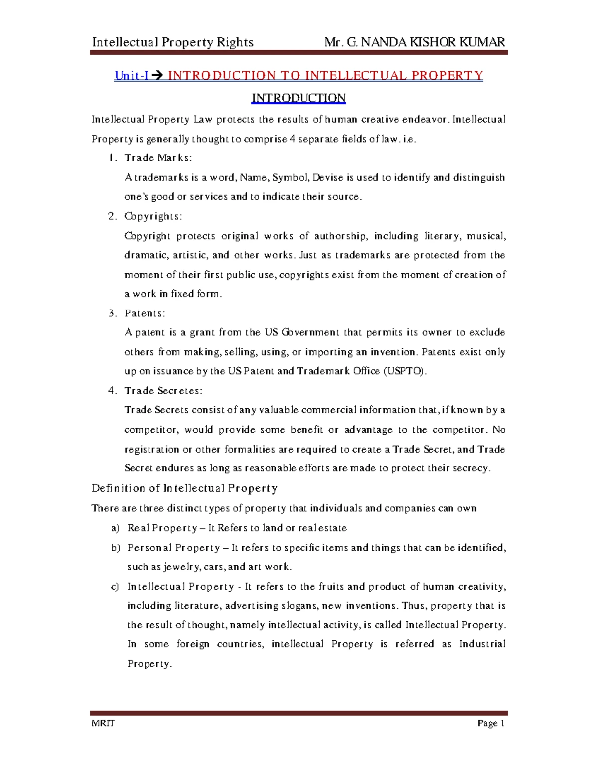 Ipr - UNIT- Introduction to Intellectual property Intellectual Property ...