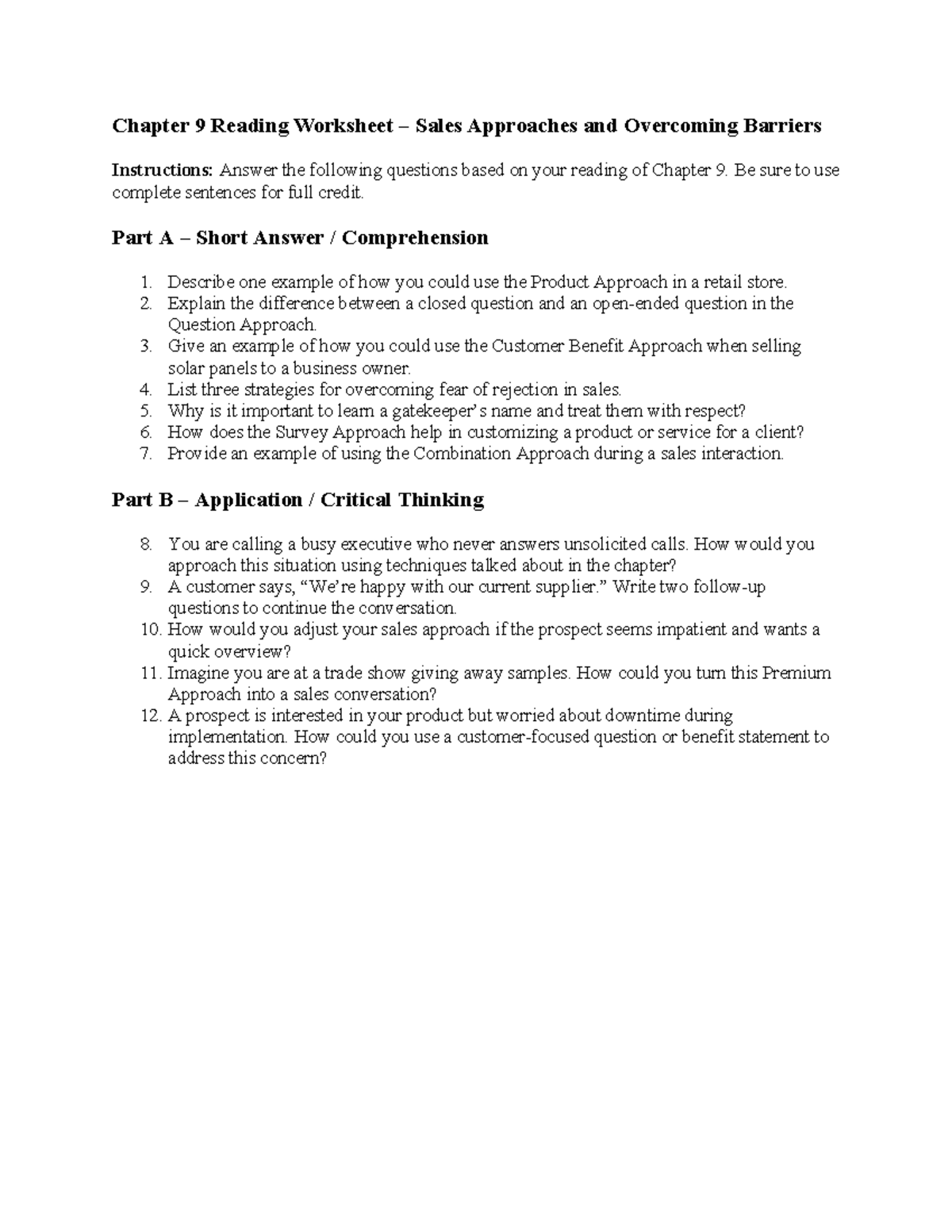 Chapter 9 Reading Worksheet: Sales Approaches & Barriers - Studocu