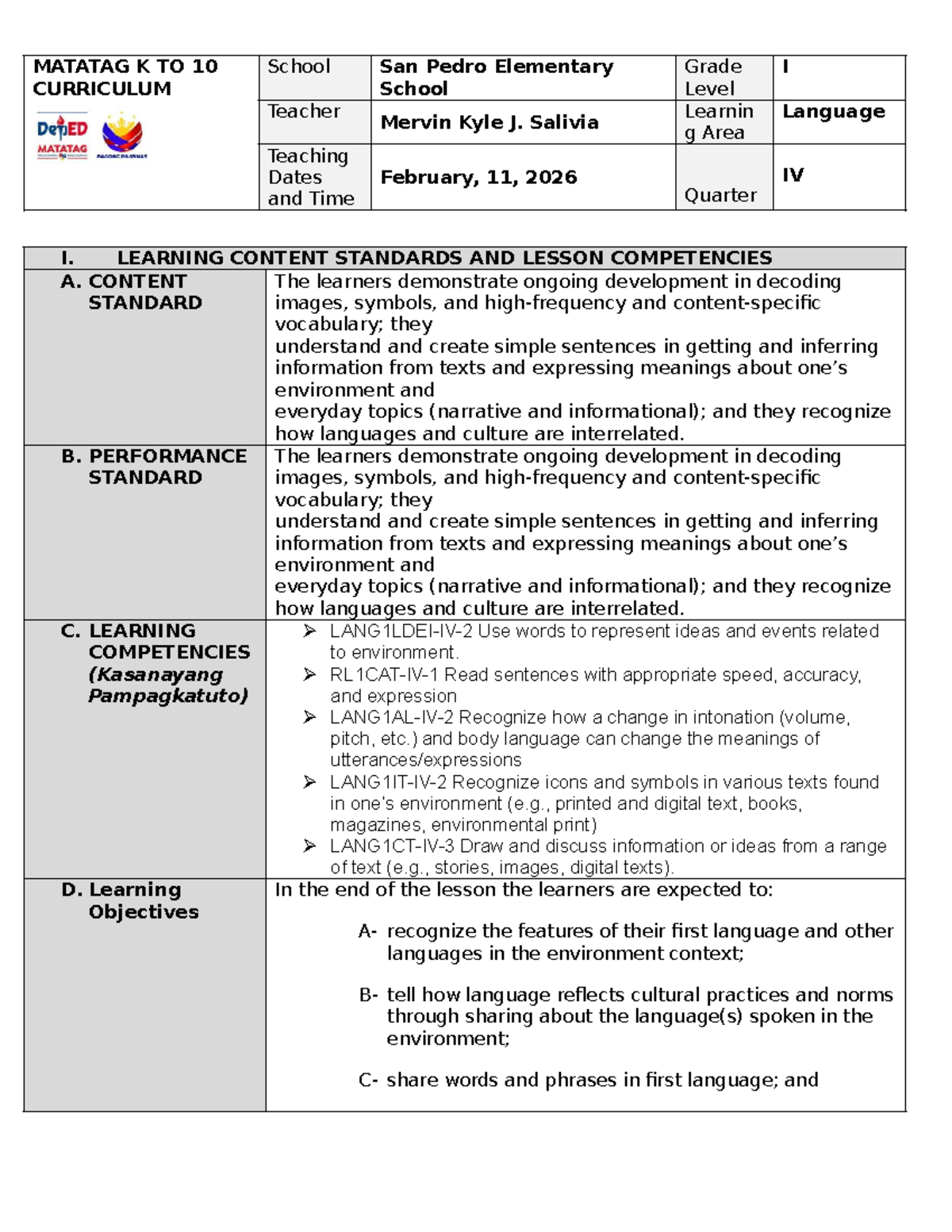 Lesson Plan For Matatag Curriculum