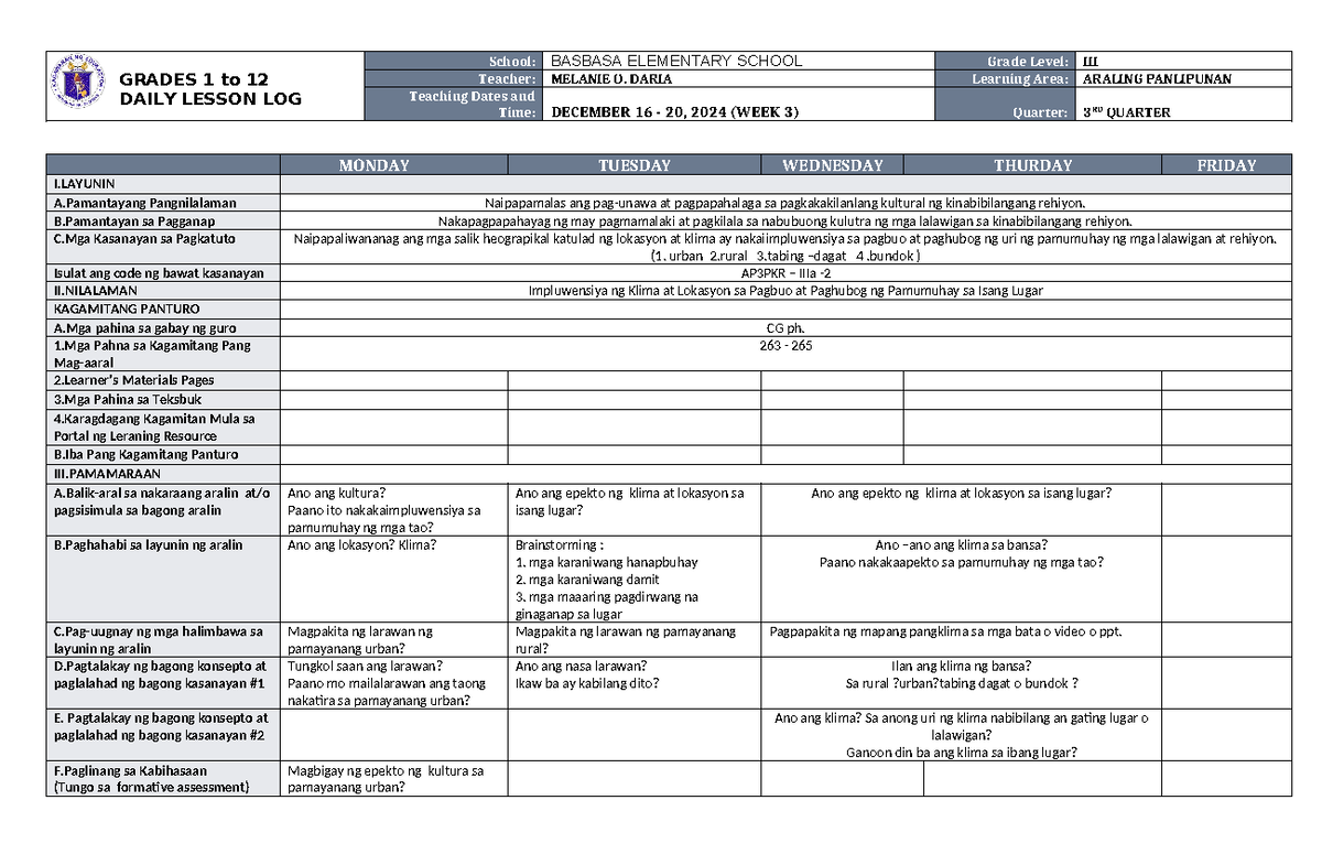 DLL Araling Panlipunan 3 Q3 W3 - GRADES 1 to 12 DAILY LESSON LOG School ...