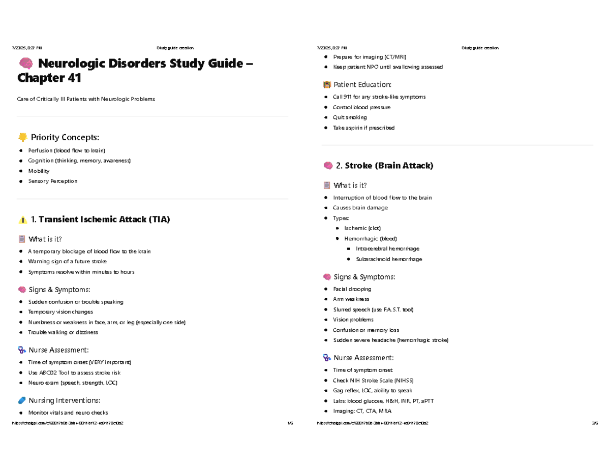 Study Guide: Neurologic Disorders (NUR 101) - Key Concepts ...