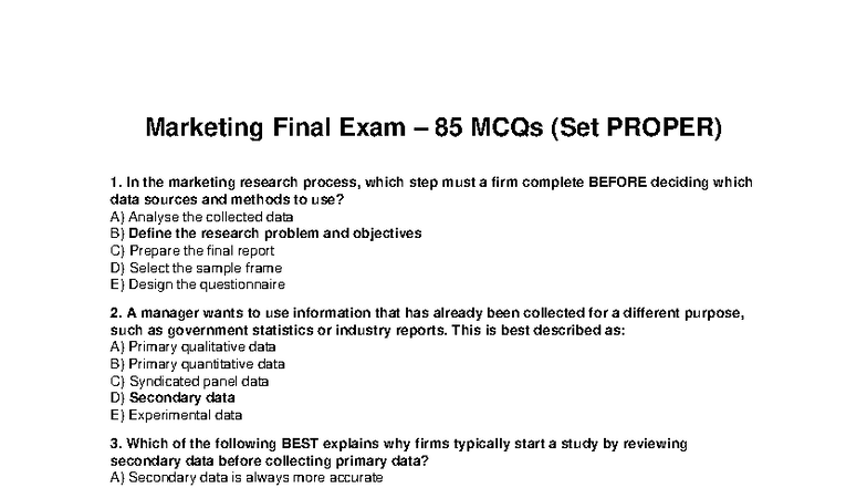 Marketing 101 Final Exam Practice: 85 MCQs (Set PROPER) - Studocu