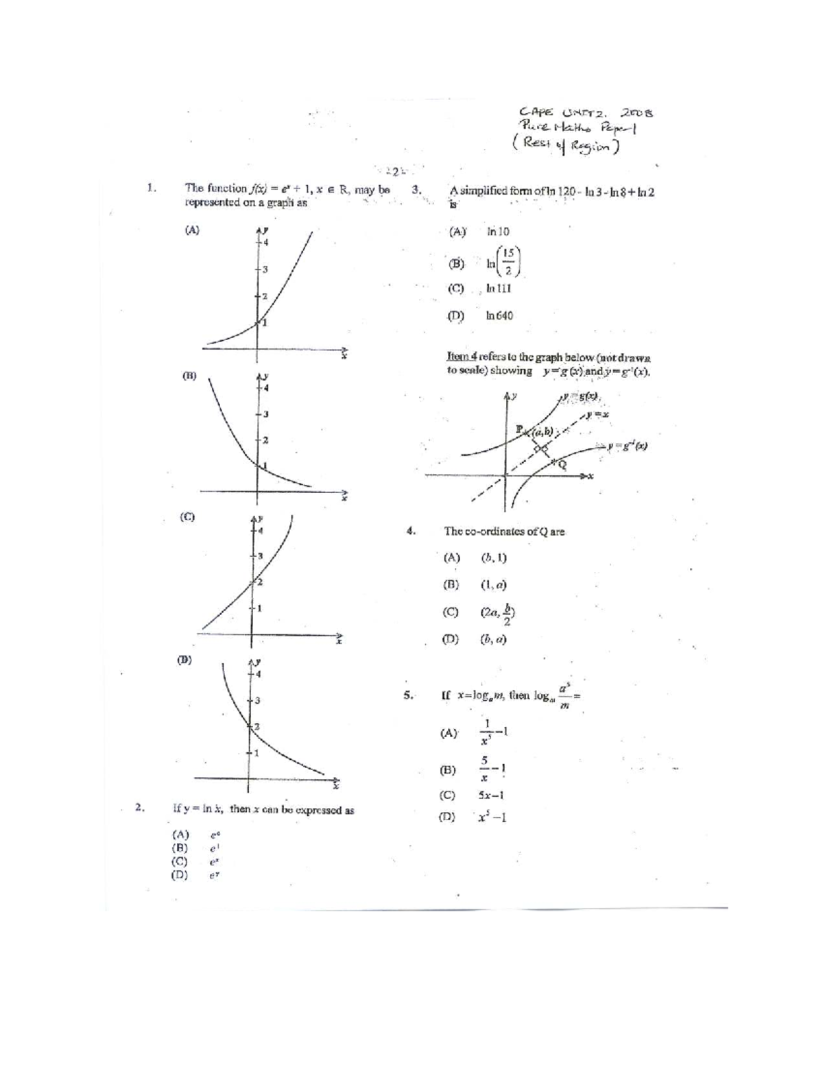 Pure Maths CAPE Unit 2 2008 Paper 1 Rest of Region - Studocu