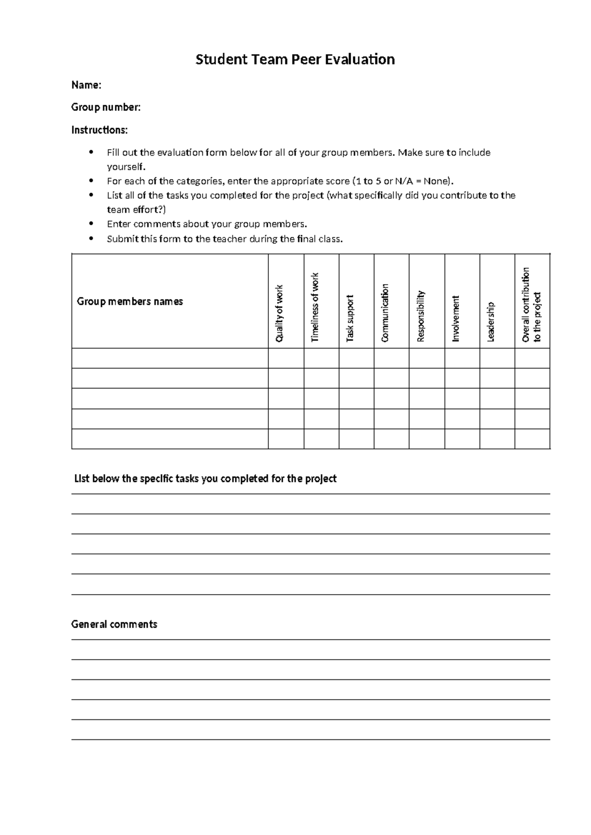 Student Team Peer Evaluation Form: Final Class Review - Studocu
