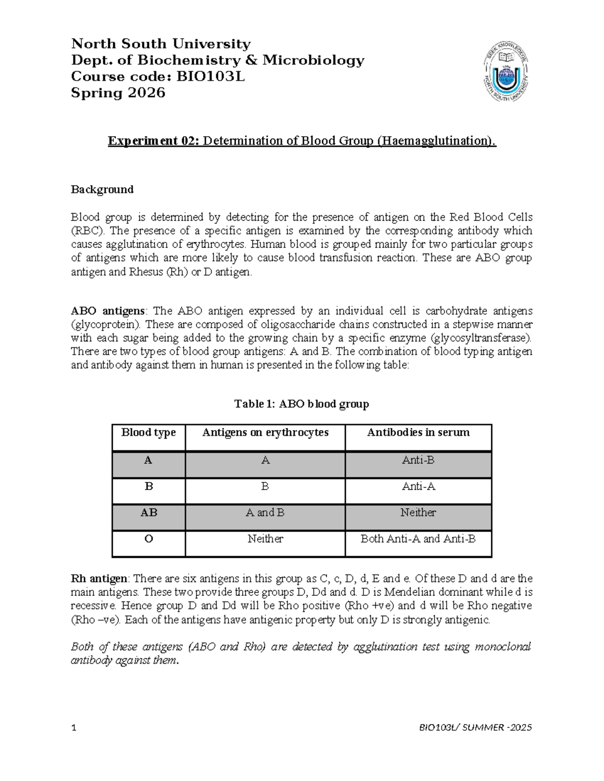 BIO103L Spring 2026 Experiment 02: Blood Group Determination Protocol ...