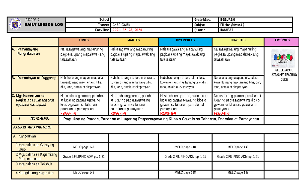 Q4 DLL Filipino 2: Daily Lesson Log for Week 4 (April 22-26, 2024 ...