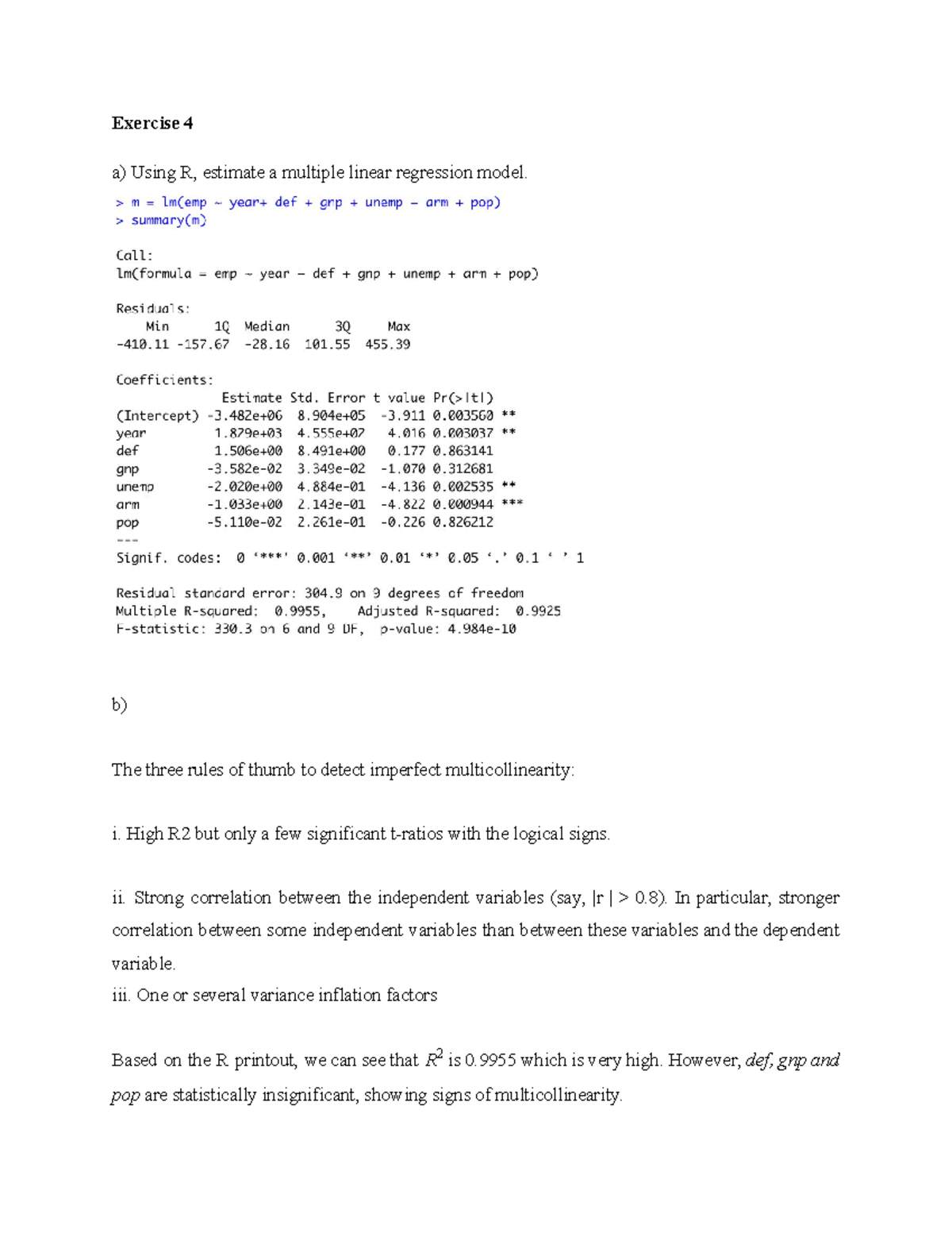 Tutorial 10 exercise 4 - Exercise 4 a) Using R, estimate a multiple ...