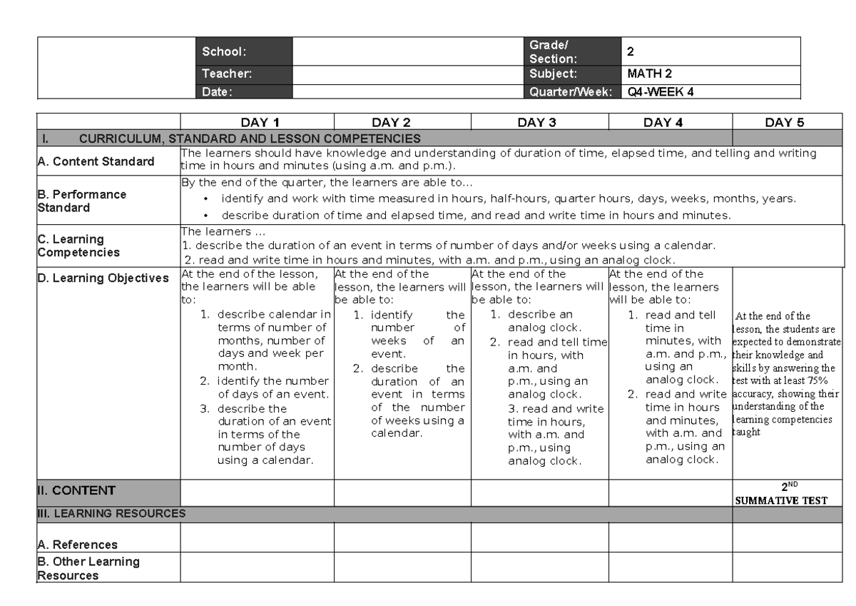 MATH 2 Lesson Plan: Understanding Time and Duration (Week 4) - Studocu