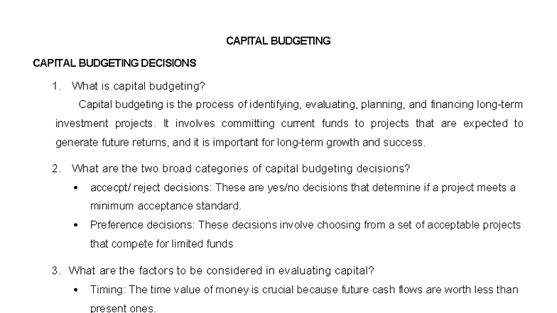 Capital Budgeting - REVIEW NOTES (FIN 301) - Studocu
