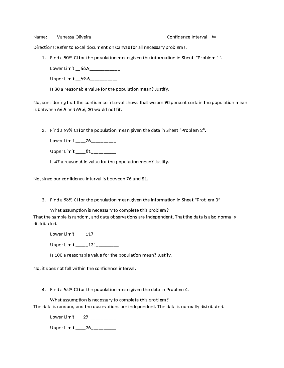 Confidence Interval HW: Analysis and Justifications - Studocu