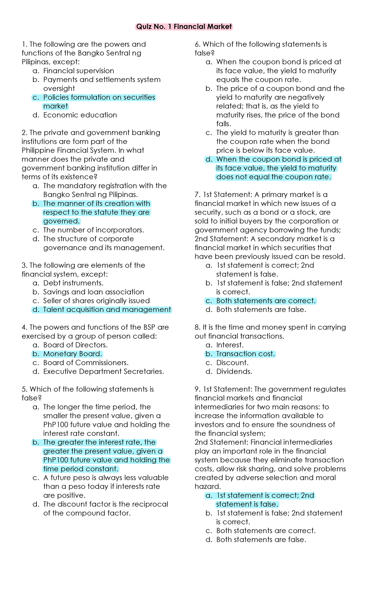 FINMAR- Quiz No. 1 on Financial Markets and Institutions - Studocu