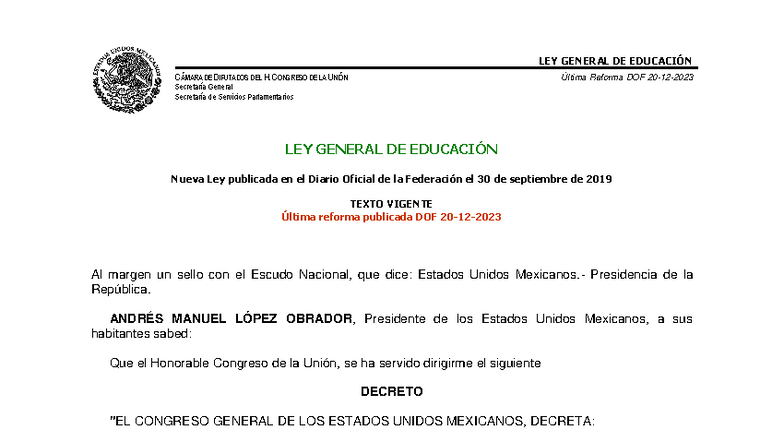 LGE 2023 - Ley General de Educación: Texto Vigente y Reformas - Studocu