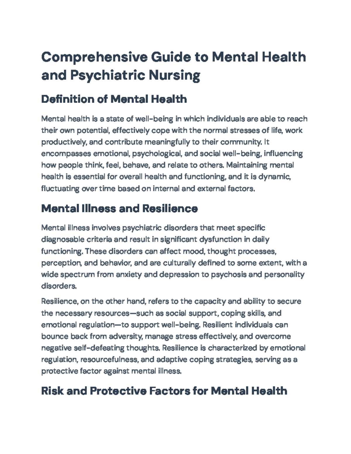 Comprehensive Overview of Mental Health & Psychiatric Nursing (NUR 101 ...