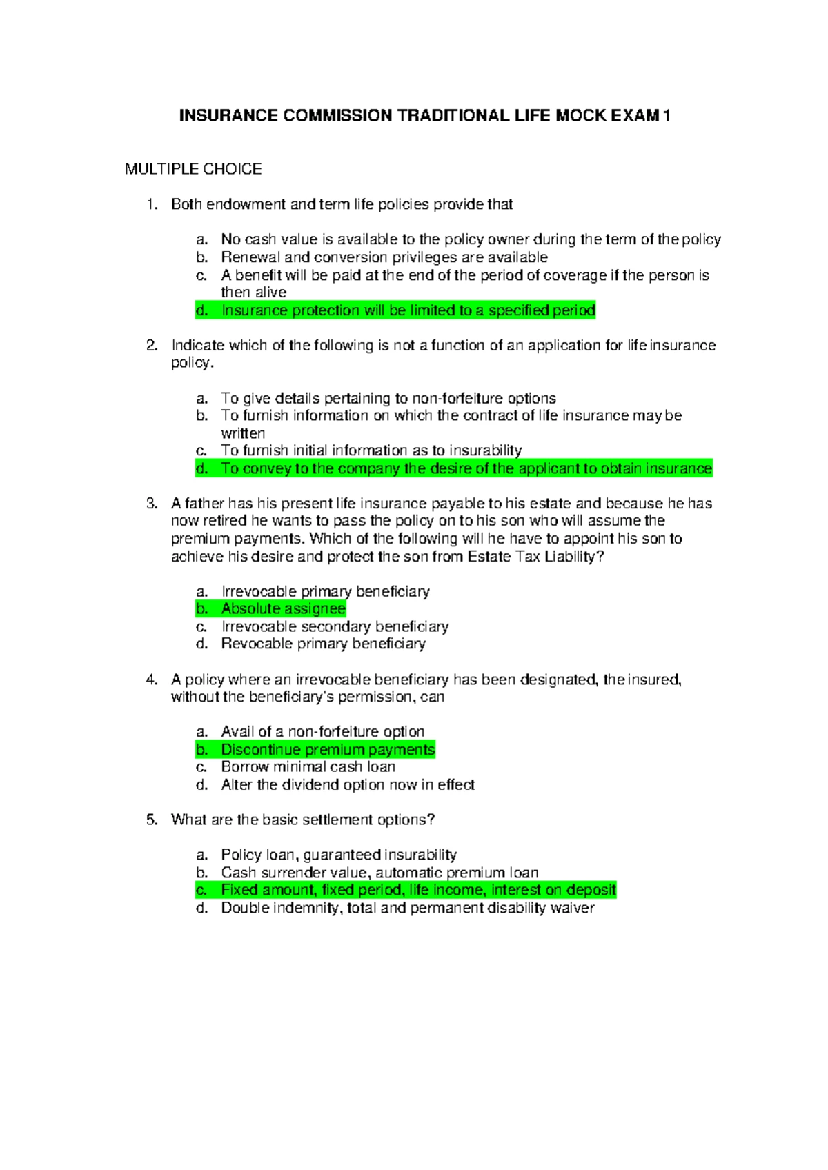 IC TRAD Mock Exam 1 Reviewer: Traditional Life Insurance Topics - Studocu