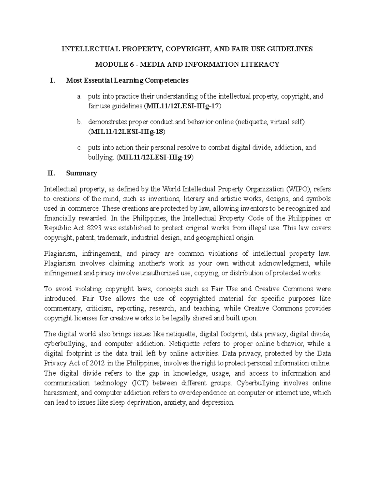MIL11/12LESI-IIIg Intellectual Property Summary & Quiz Guide - Studocu