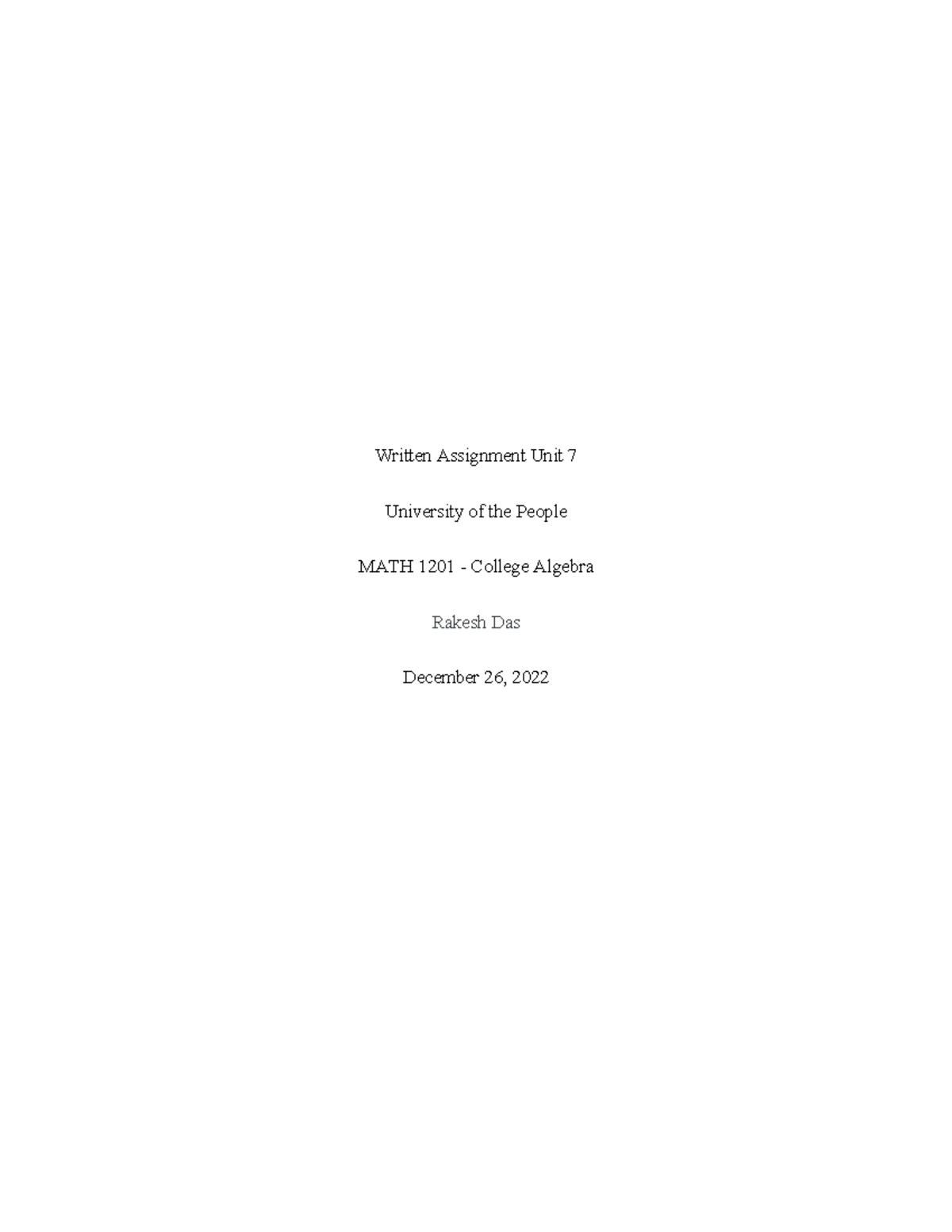 MATH 1201 Written Assignment Unit 7: College Algebra Solutions - Studocu