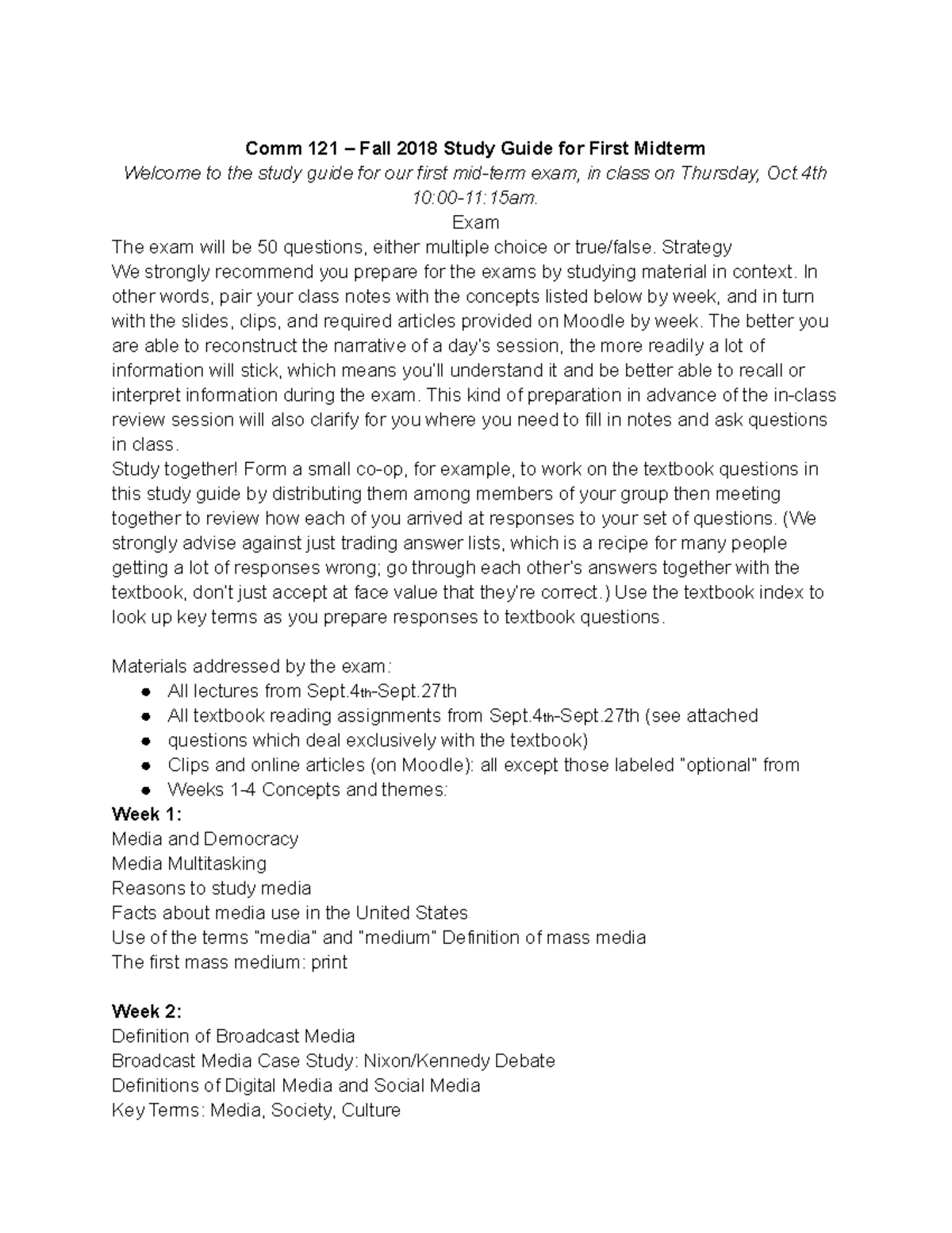 Midterm #1 Study Guide - Comm 121 – Fall 2018 Study Guide for First ...