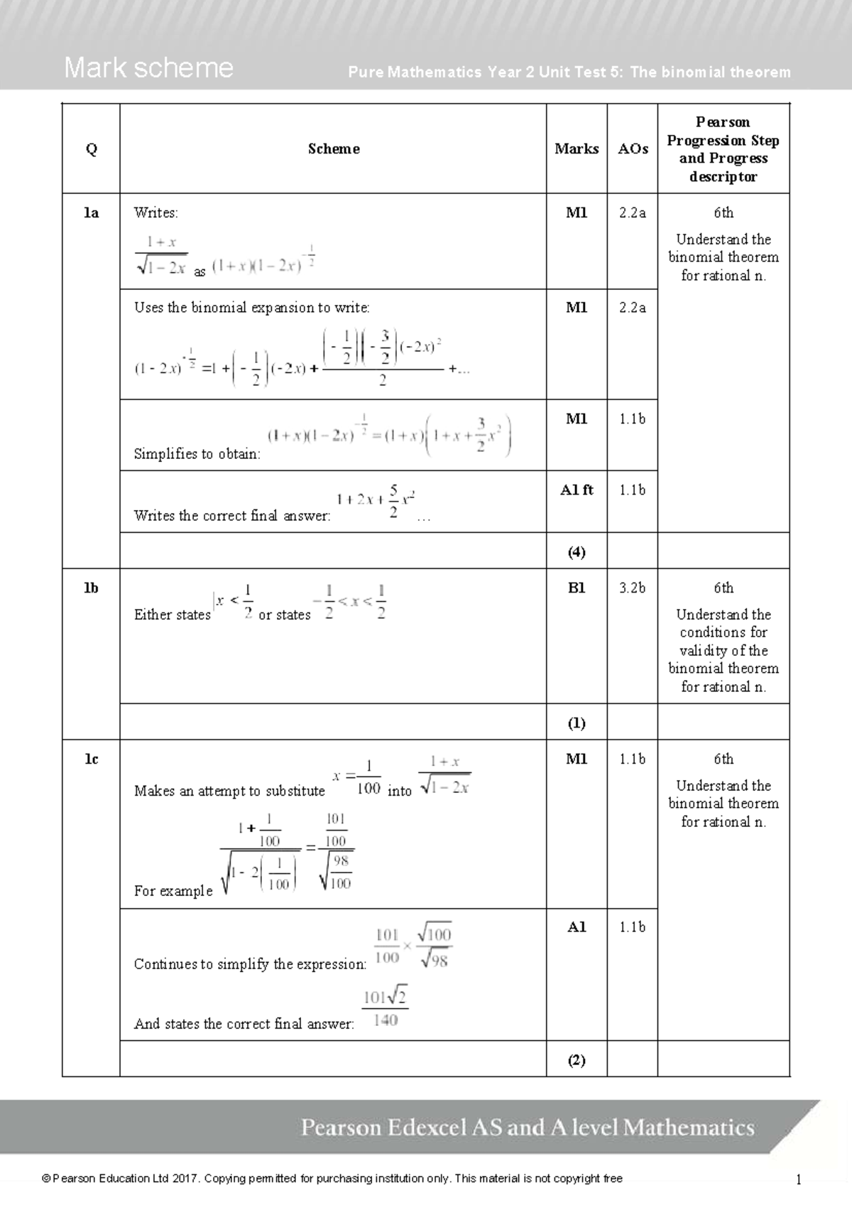 Mark Scheme for Pure Mathematics Year 2 Unit Test 5: The Binomial ...