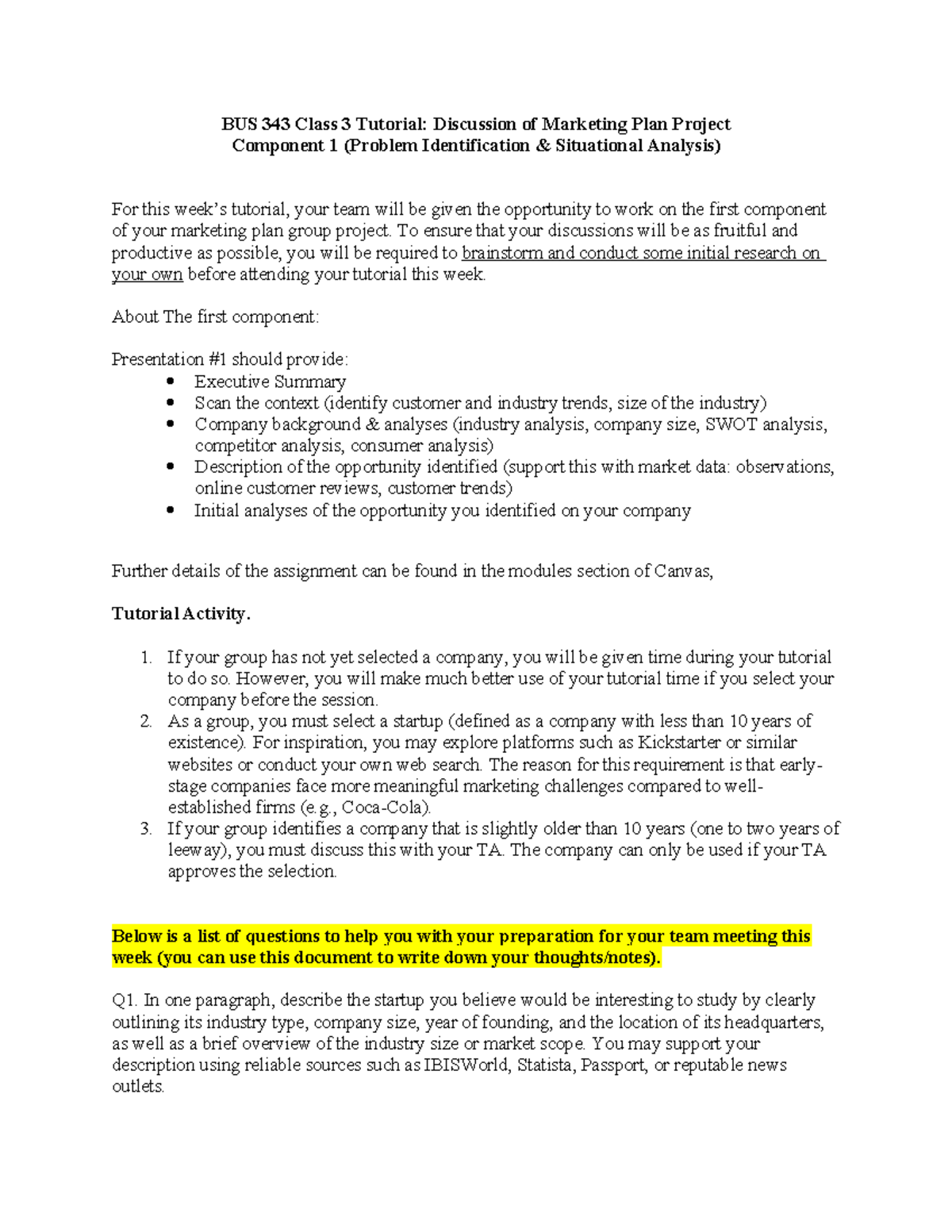BUS 343 Week 4 Tutorial: Marketing Plan Project Component 1 - Studocu