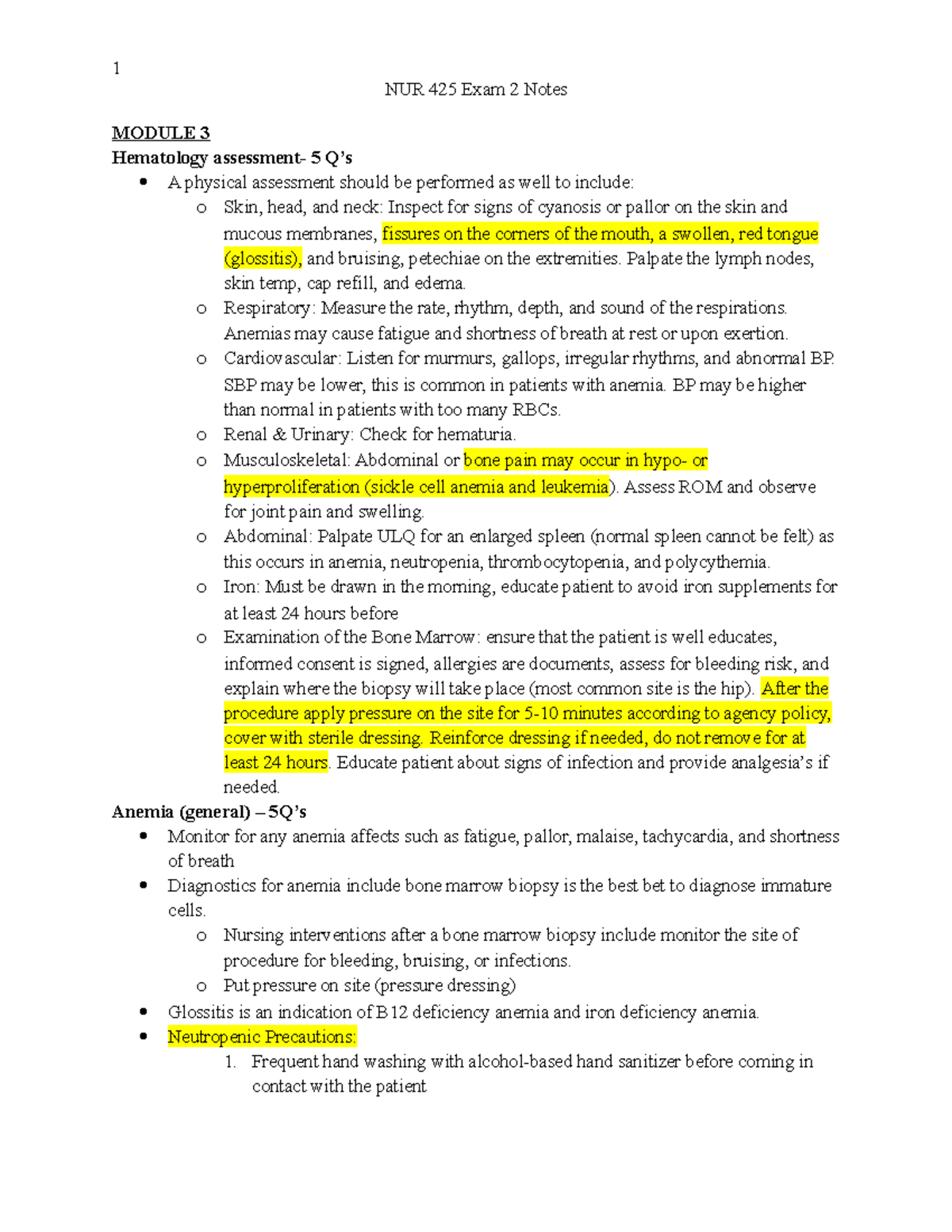 NUR 425 Exam 2 Study Notes: Hematology and Anemia Insights - Studocu