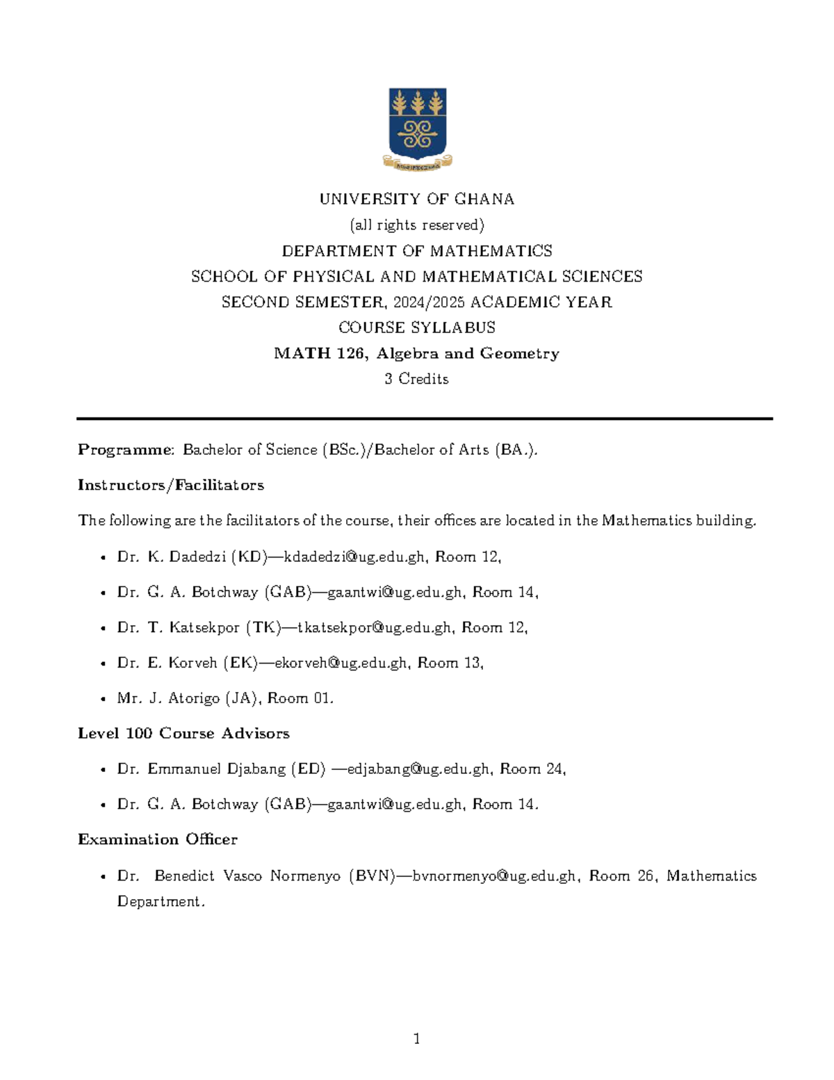 MATH 126 Course Syllabus: Algebra and Geometry Overview 2024-2025 - Studocu